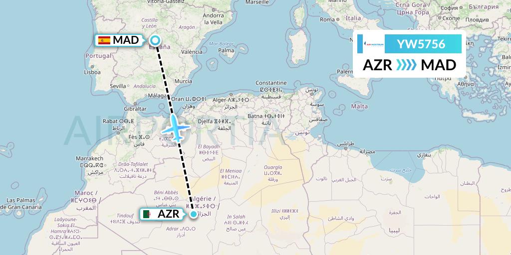 YW5756 Air Nostrum Flight Map: Adrar to Madrid