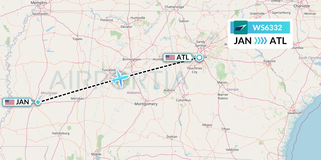 WS6332 WestJet Flight Map: Jackson to Atlanta