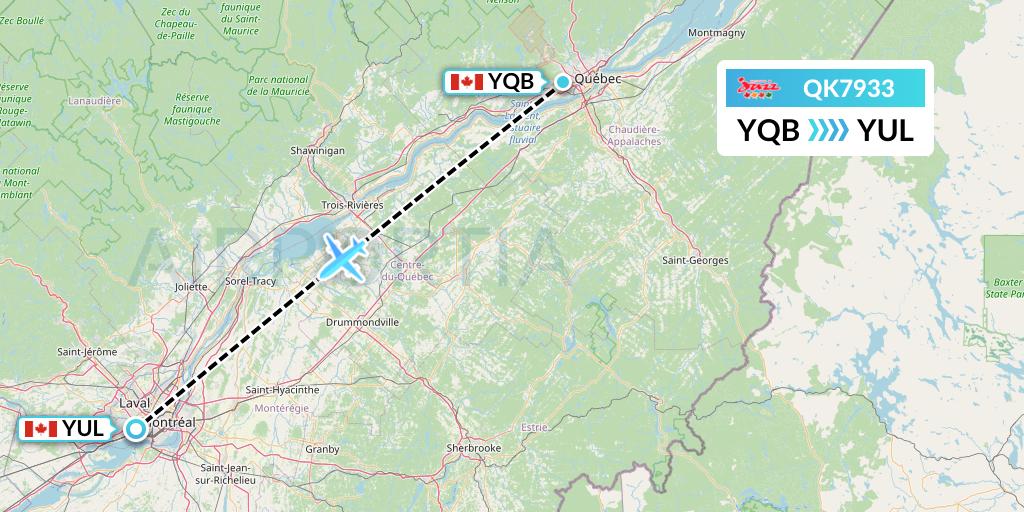 QK7933 Jazz Air Flight Map: Quebec to Montreal