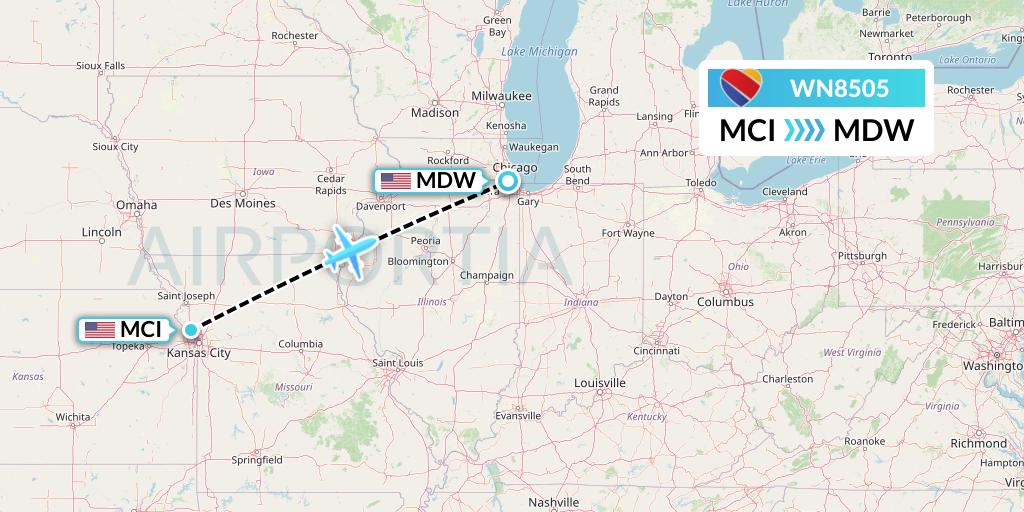 WN8505 Southwest Airlines Flight Map: Kansas City to Chicago