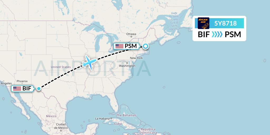 5Y8718 Atlas Air Flight Map: Fort Bliss-El Paso to Portsmouth
