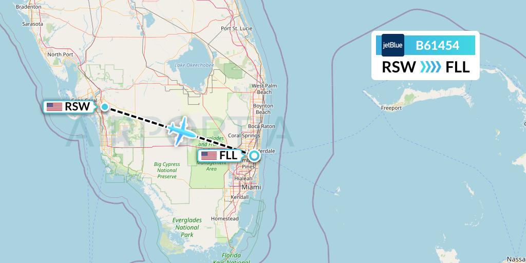 B61454 JetBlue Airways Flight Map: Fort Myers to Fort Lauderdale