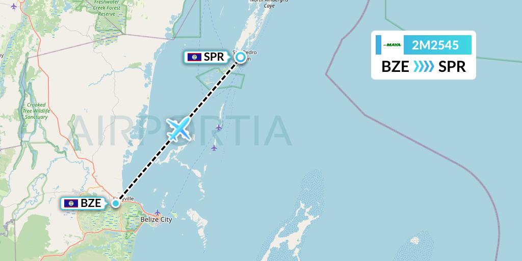 2M2545 Maya Island Air Flight Map: Belize City to San Pedro