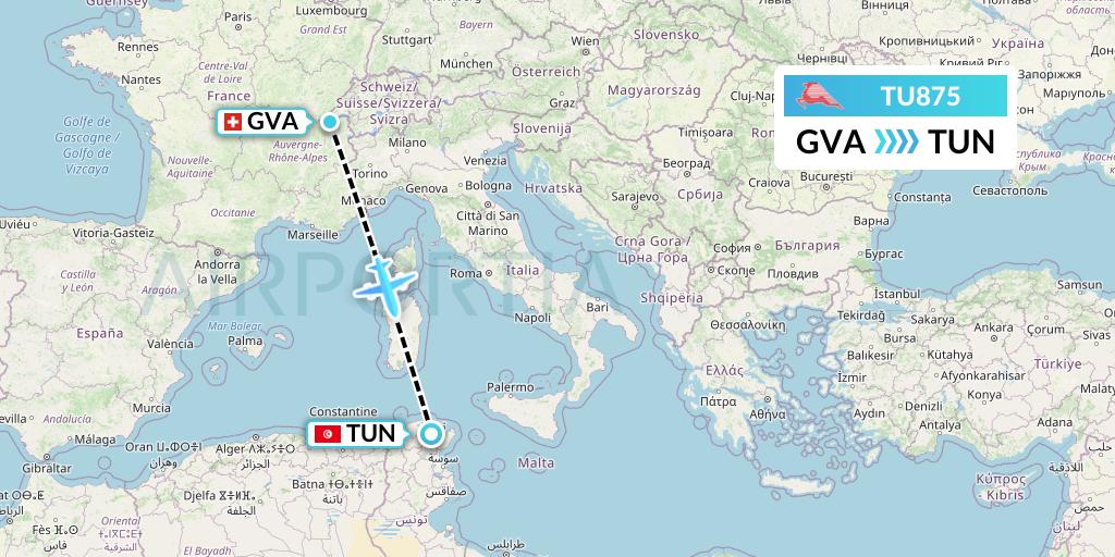 TU875 Tunisair Flight Map: Geneva to Tunis