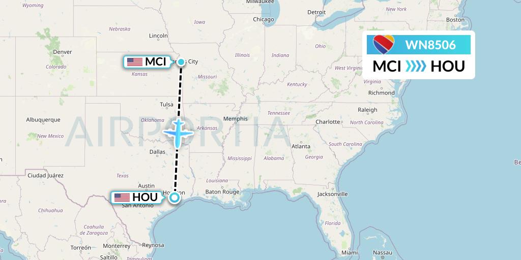 WN8506 Southwest Airlines Flight Map: Kansas City to Houston
