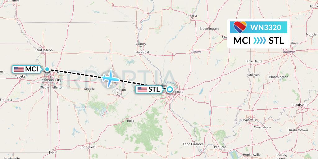 WN3320 Southwest Airlines Flight Map: Kansas City to St. Louis