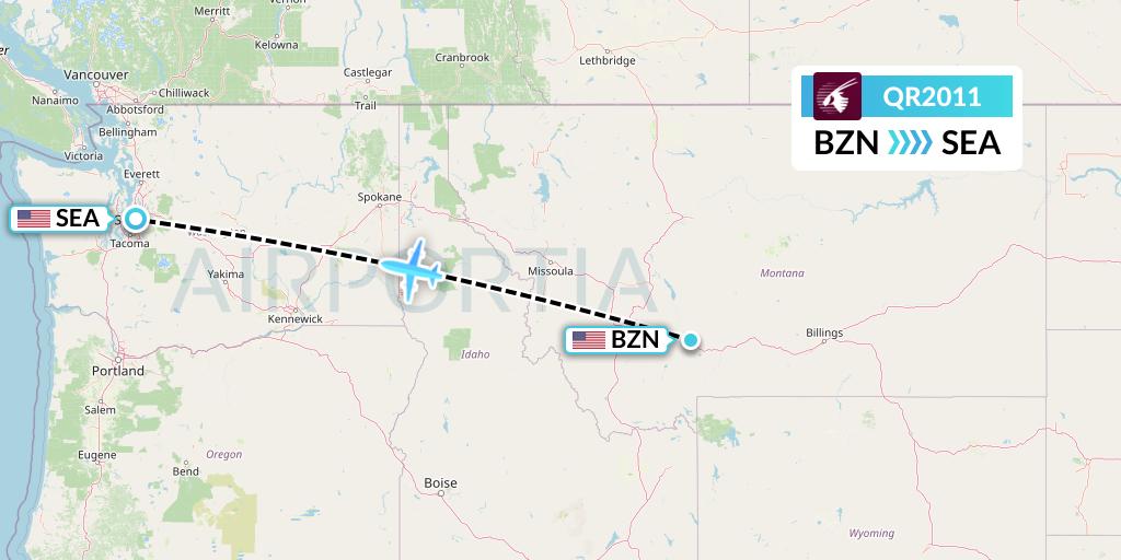 QR2011 Qatar Airways Flight Map: Bozeman to Seattle
