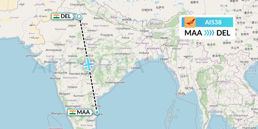 AI538 Air India Flight Map: Chennai to Delhi
