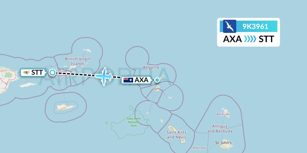 9K3961 Cape Air Flight Map: The Valley to St. Thomas