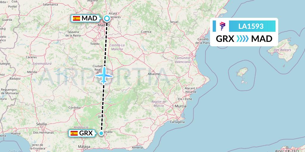 LA1593 LAN Airlines Flight Map: Granada to Madrid