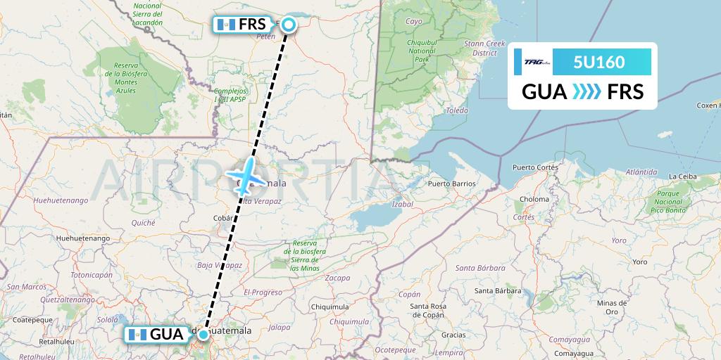 5U160 TAG Airlines Flight Map: Guatemala City to Flores