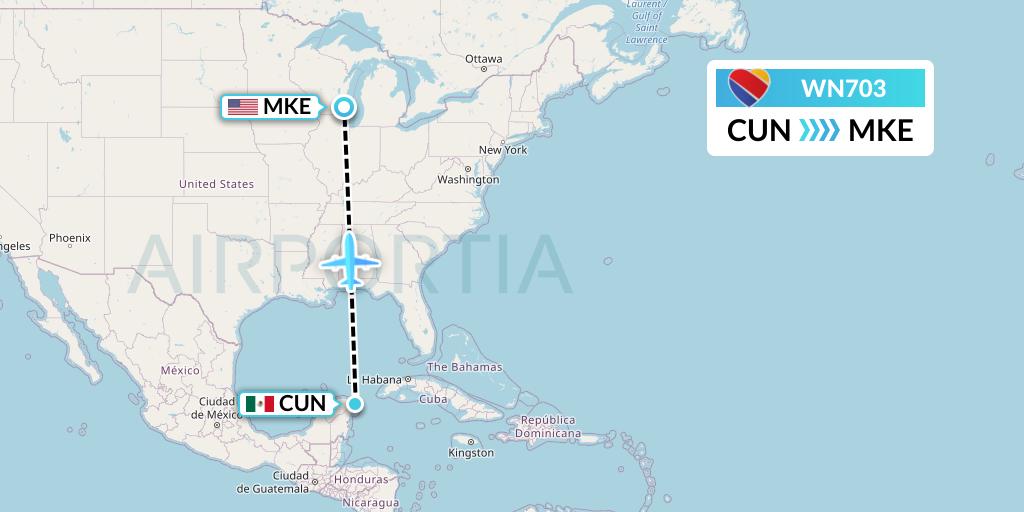 WN703 Southwest Airlines Flight Map: Cancun to Milwaukee