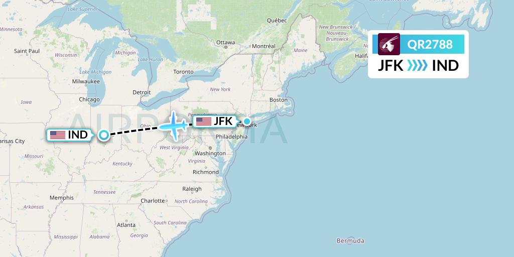 QR2788 Qatar Airways Flight Map: New York to Indianapolis