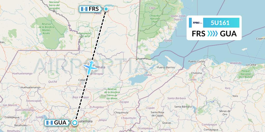5U161 TAG Airlines Flight Map: Flores to Guatemala City