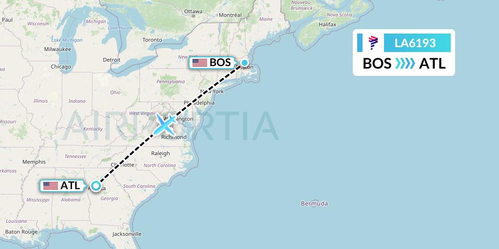 LA6193 LAN Airlines Flight Map: Boston to Atlanta