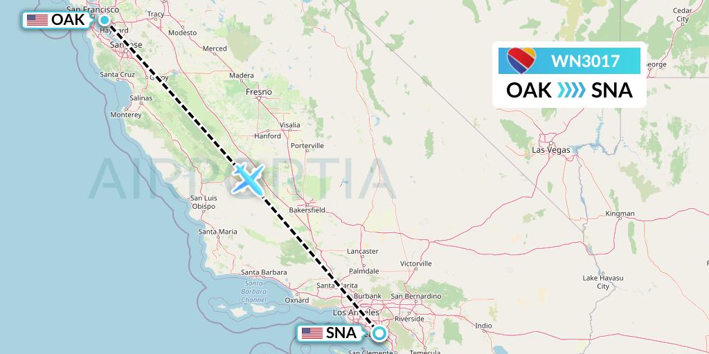 WN3017 Southwest Airlines Flight Map: Oakland to Orange County