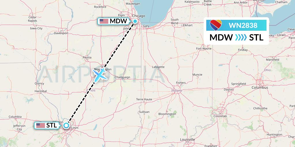 WN2838 Southwest Airlines Flight Map: Chicago to St. Louis