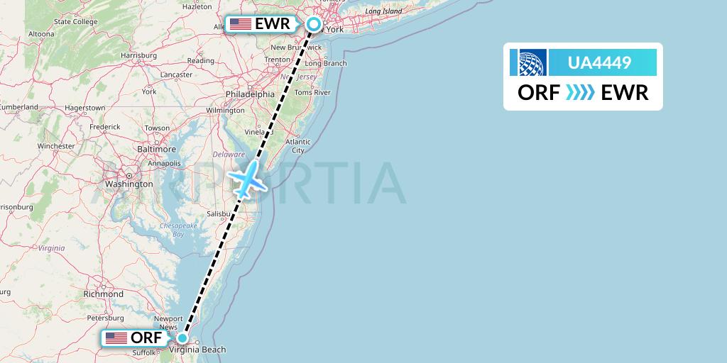 UA4449 United Airlines Flight Map: Norfolk to New York