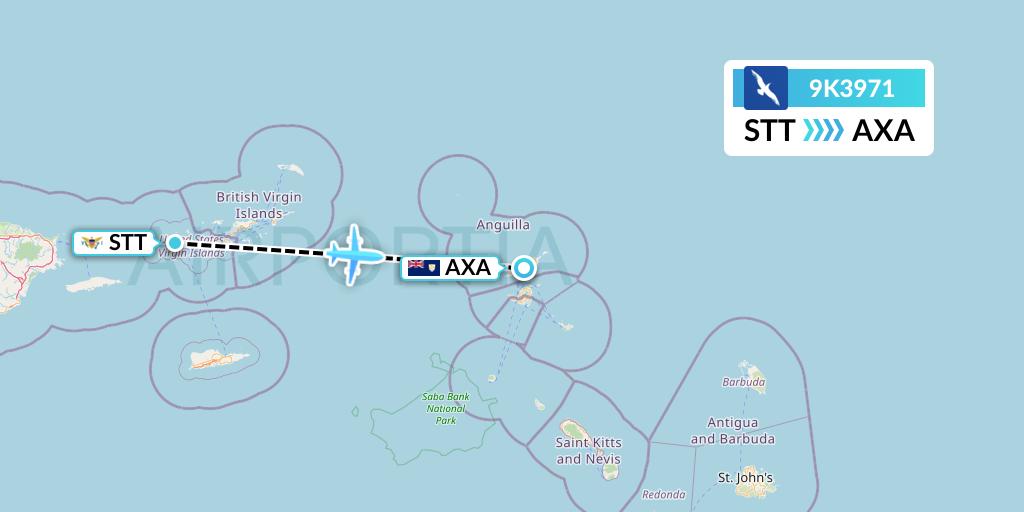 9K3971 Cape Air Flight Map: St. Thomas to The Valley