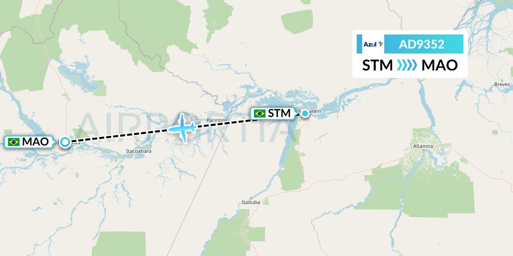 AD9352 Azul Brazilian Airlines Flight Map: Santarem to Manaus