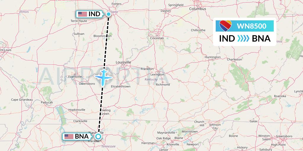 WN8500 Southwest Airlines Flight Map: Indianapolis to Nashville