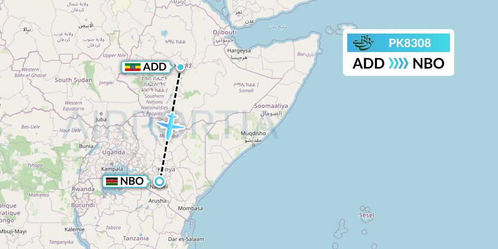 PK8308 Pakistan International Airlines Flight Map: Addis Ababa to Nairobi