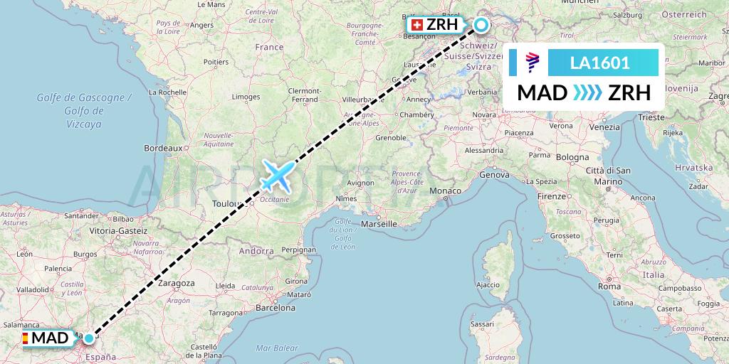 LA1601 LAN Airlines Flight Map: Madrid to Zurich