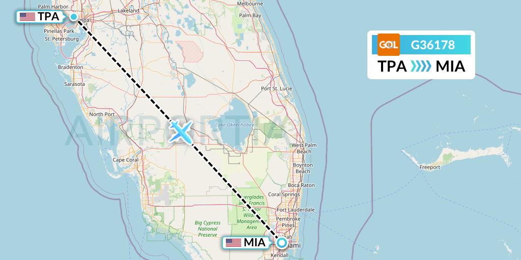G36178 GOL Transportes Aeros Flight Map: Tampa to Miami