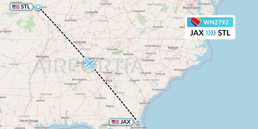 WN2792 Southwest Airlines Flight Map: Jacksonville to St. Louis