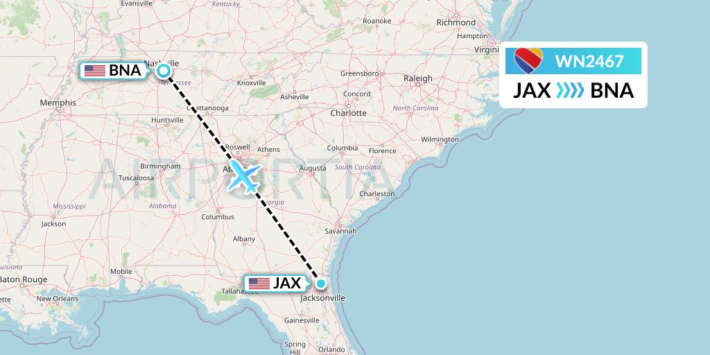 WN2467 Southwest Airlines Flight Map: Jacksonville to Nashville