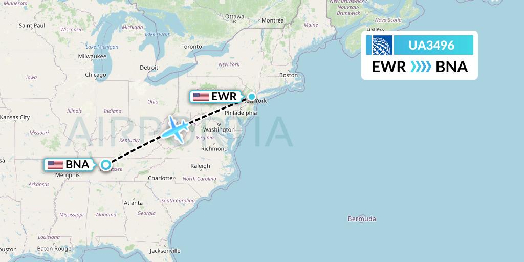 UA3496 United Airlines Flight Map: New York to Nashville