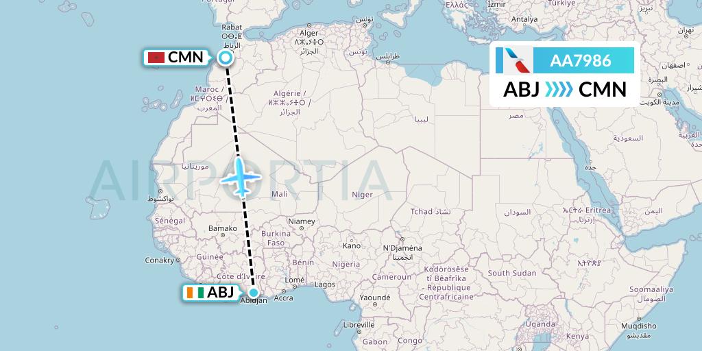 AA7986 American Airlines Flight Map: Abidjan to Casablanca