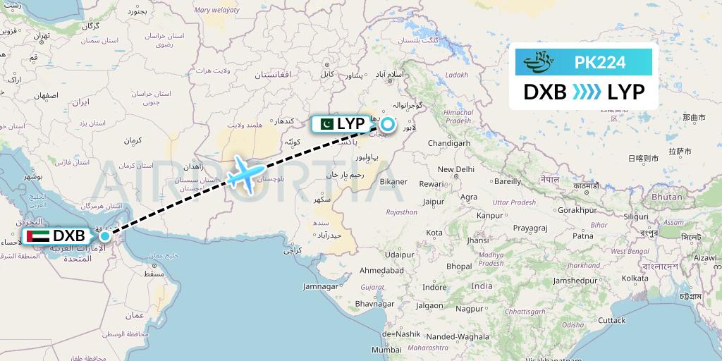 PK224 Pakistan International Airlines Flight Map: Dubai to Faisalabad