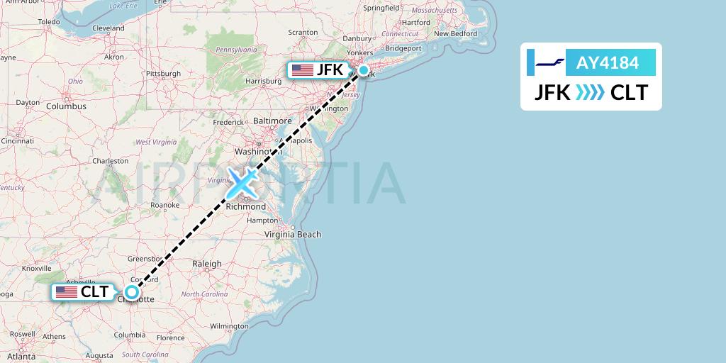 AY4184 Finnair Flight Map: New York to Charlotte