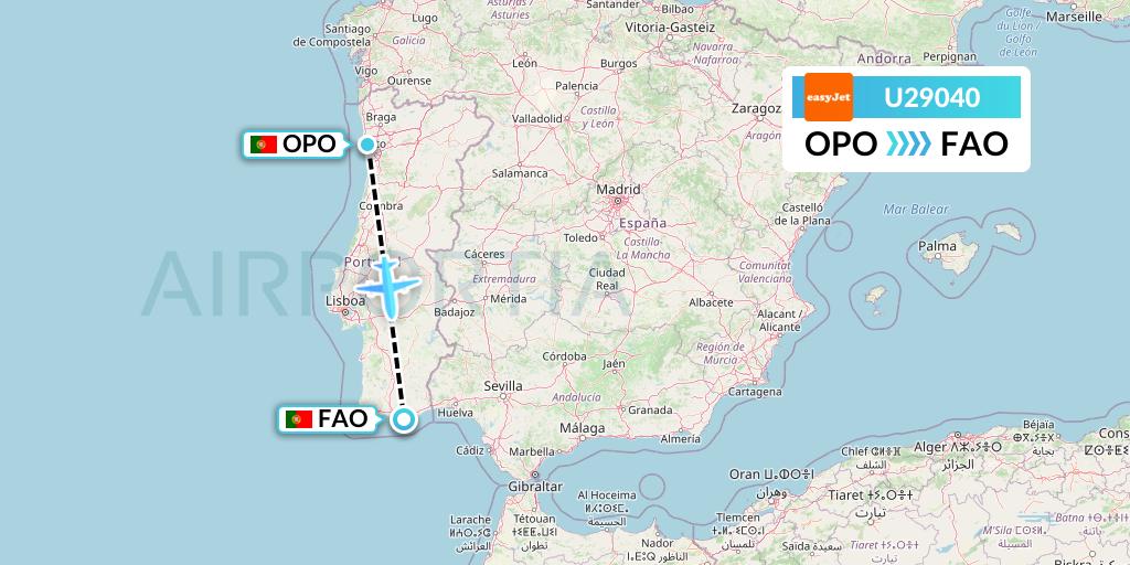 U29040 EasyJet Flight Map: Porto to Faro
