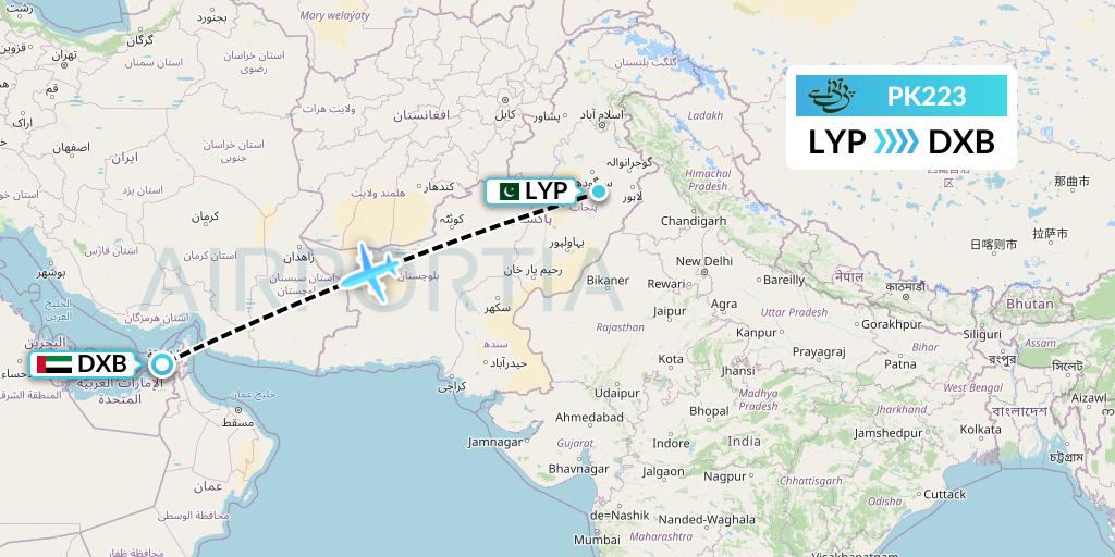 PK223 Pakistan International Airlines Flight Map: Faisalabad to Dubai