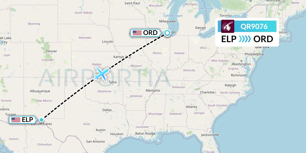 QR9076 Qatar Airways Flight Map: El Paso to Chicago