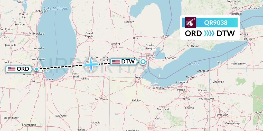 QR9038 Qatar Airways Flight Map: Chicago to Detroit