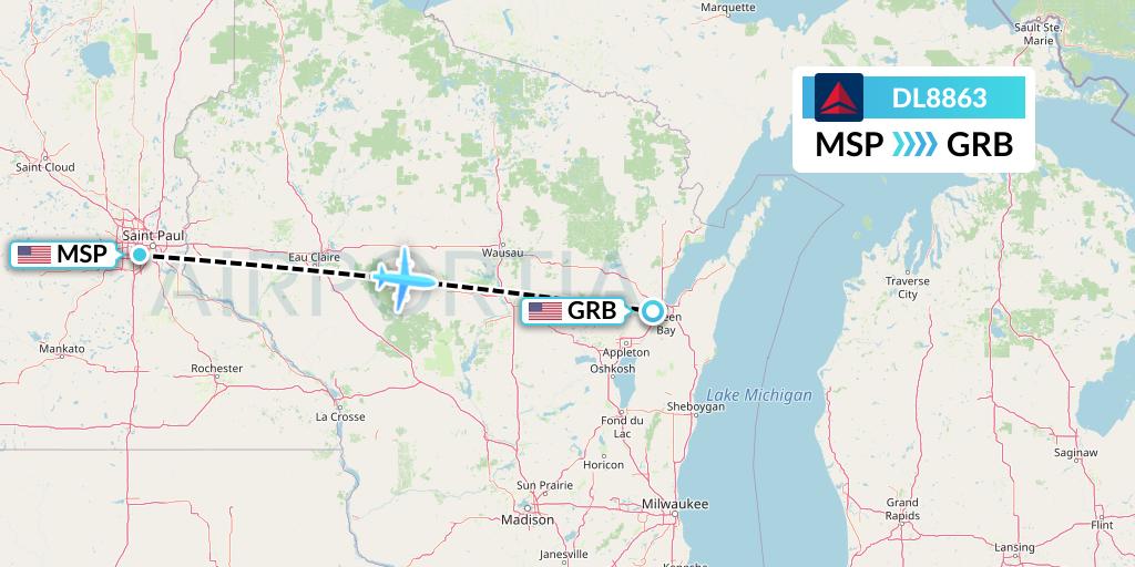DL8863 Delta Air Lines Flight Map: Minneapolis to Green Bay