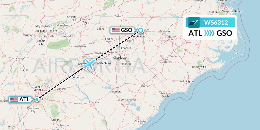 WS6312 WestJet Flight Map: Atlanta to Greensboro