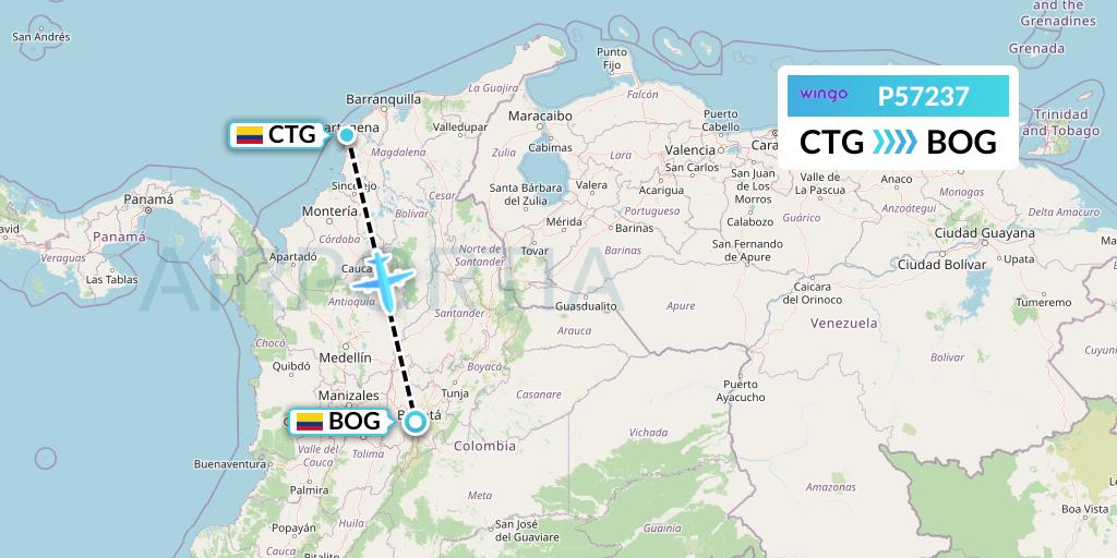 P57237 Copa Airlines Colombia Flight Map: Cartagena to Bogota