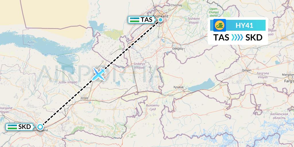 HY41 Uzbekistan Airways Flight Map: Tashkent to Samarkand