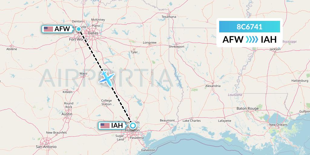 8C6741 Air Transport International Flight Map: Fort Worth to Houston
