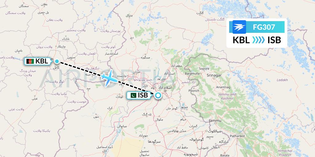 FG307 Ariana Afghan Airlines Flight Map: Kabul to Islamabad