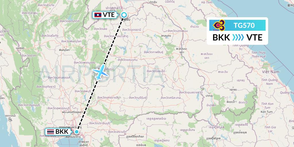 TG570 Thai Airways Flight Map: Bangkok to Vientiane