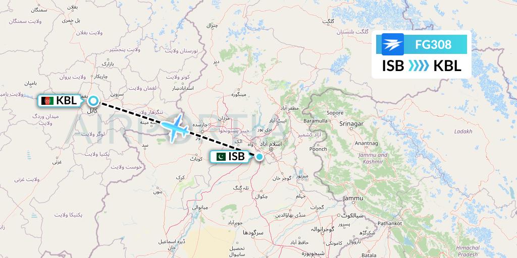 FG308 Ariana Afghan Airlines Flight Map: Islamabad to Kabul