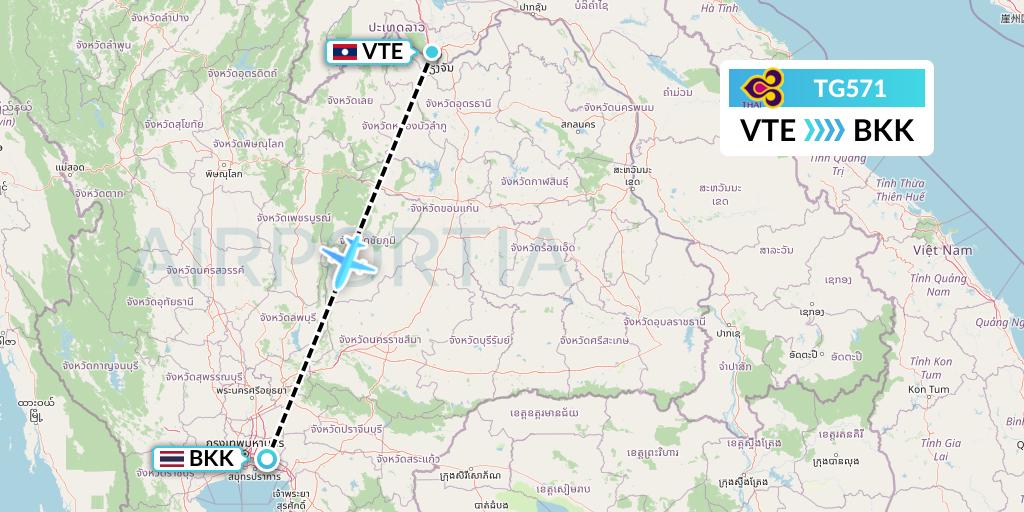 TG571 Thai Airways Flight Map: Vientiane to Bangkok