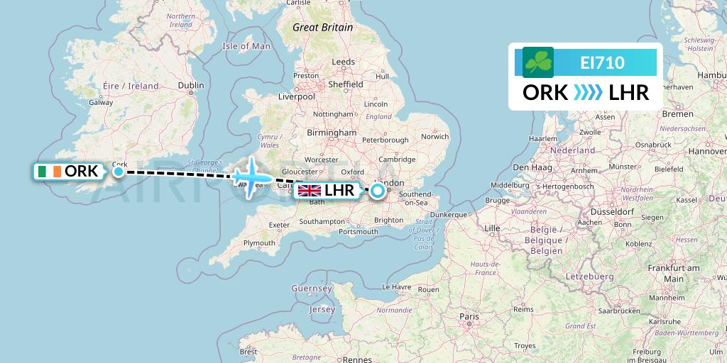 EI710 Aer Lingus Flight Map: Cork to London