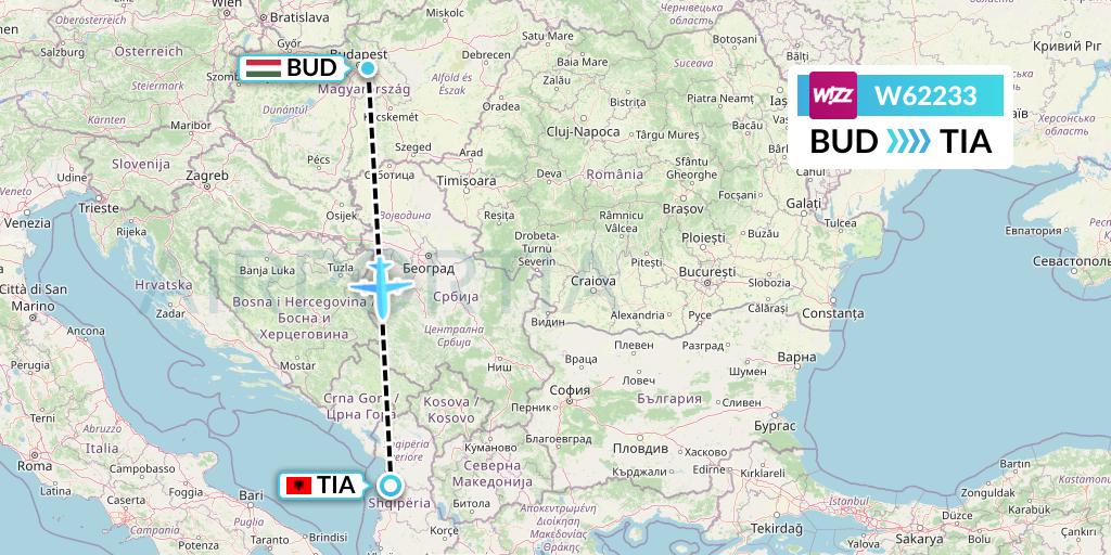 W62233 Wizz Air Flight Map: Budapest to Tirana
