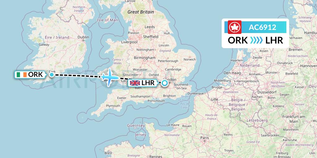 AC6912 Air Canada Flight Map: Cork to London